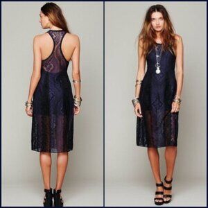 Free People Miracle Lace Midi Dress In Blue Lace Combo Size M EUC